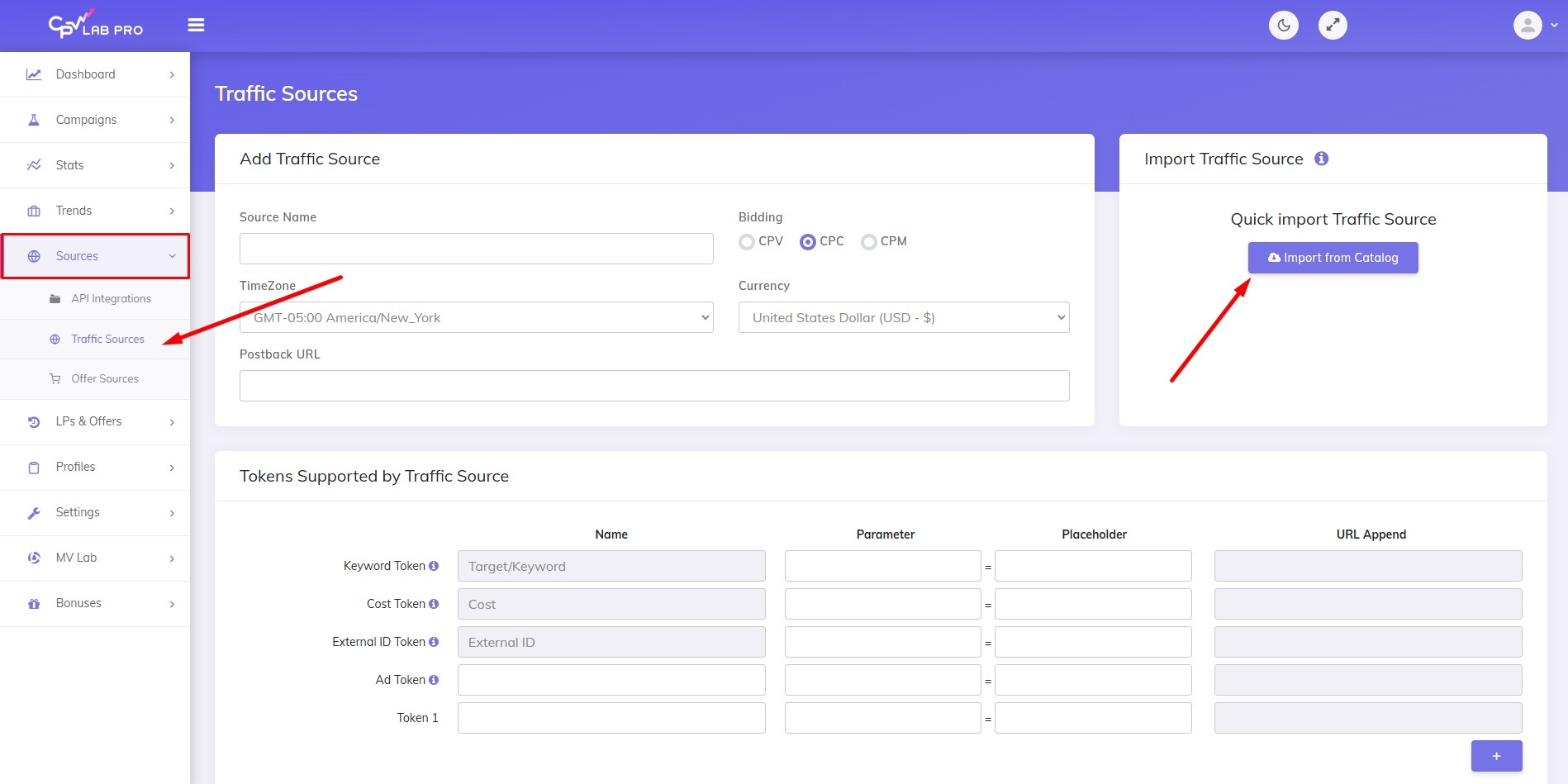 How to create a new traffic source at CPV Lab tracker