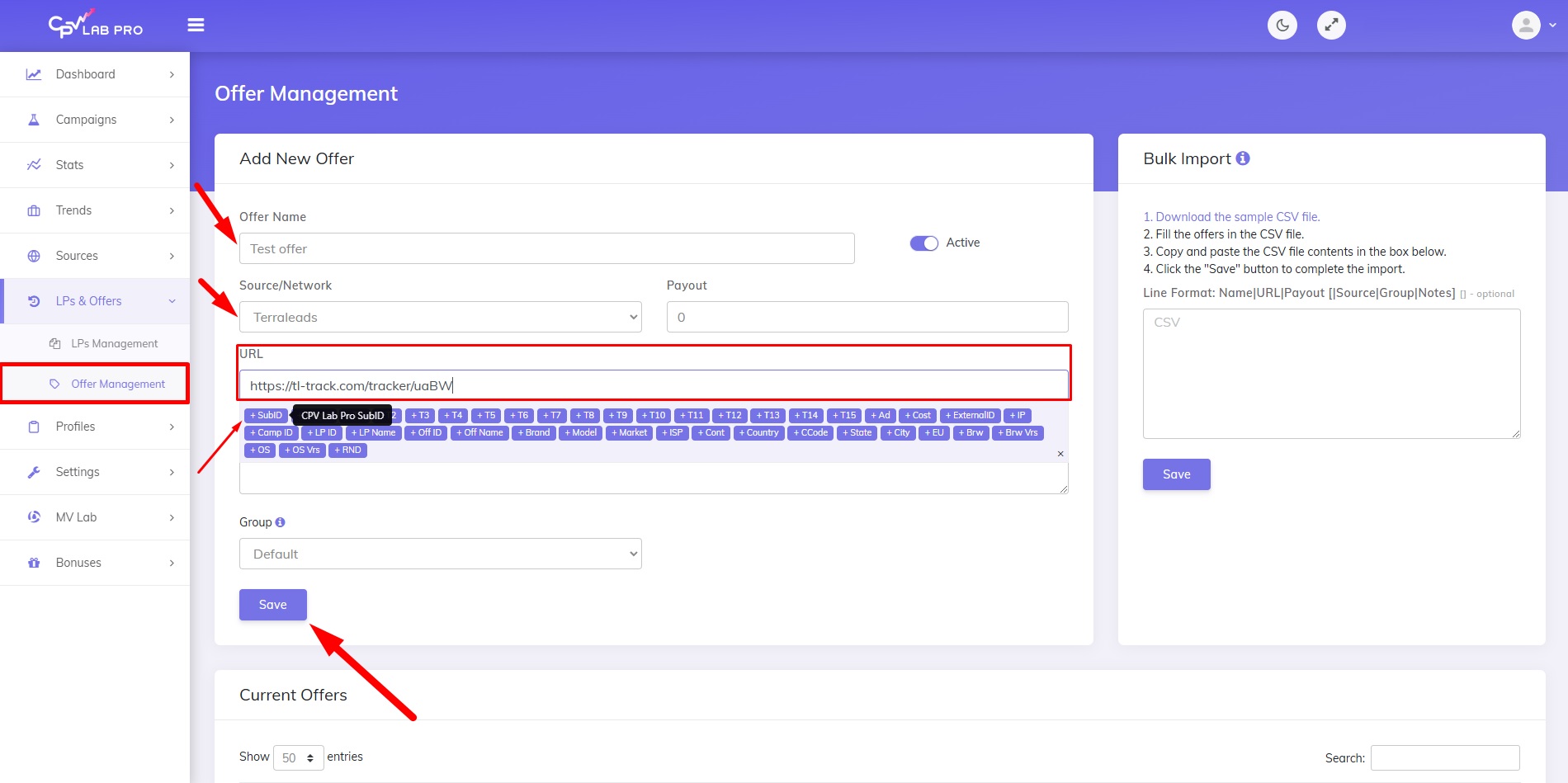 How add CPA offers at CPV Lab