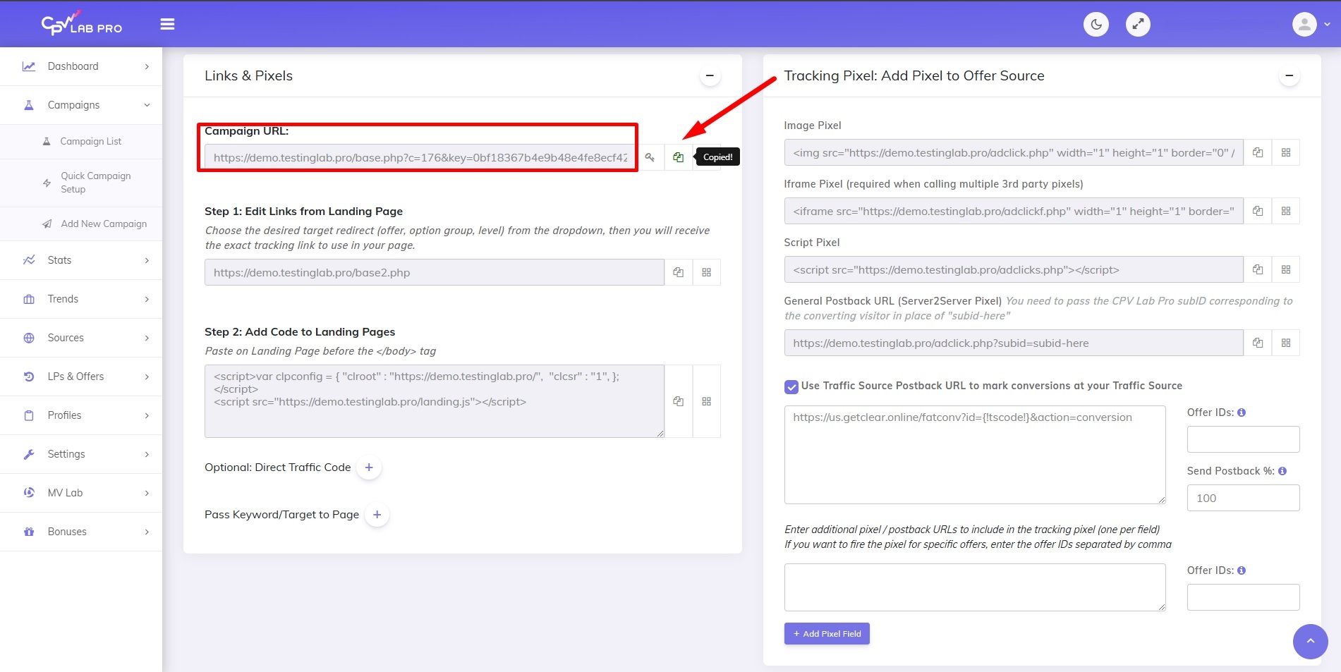 How to get campaign URL at CPV Lab tracker