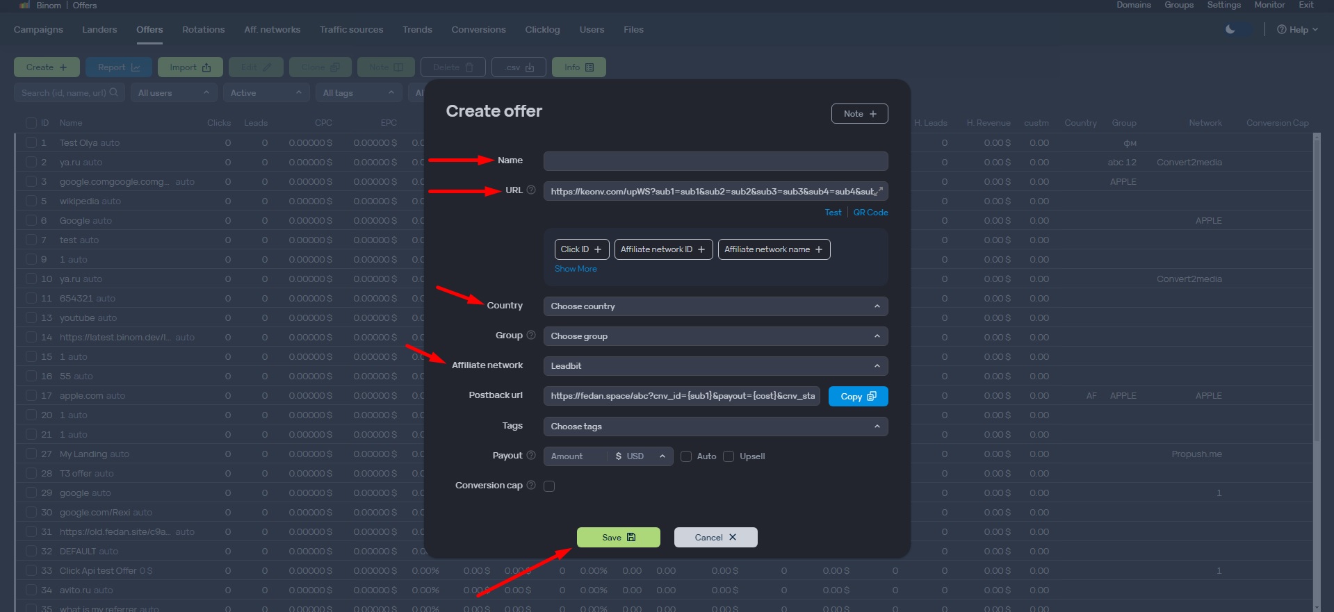 How to set up offer tracking at Binom