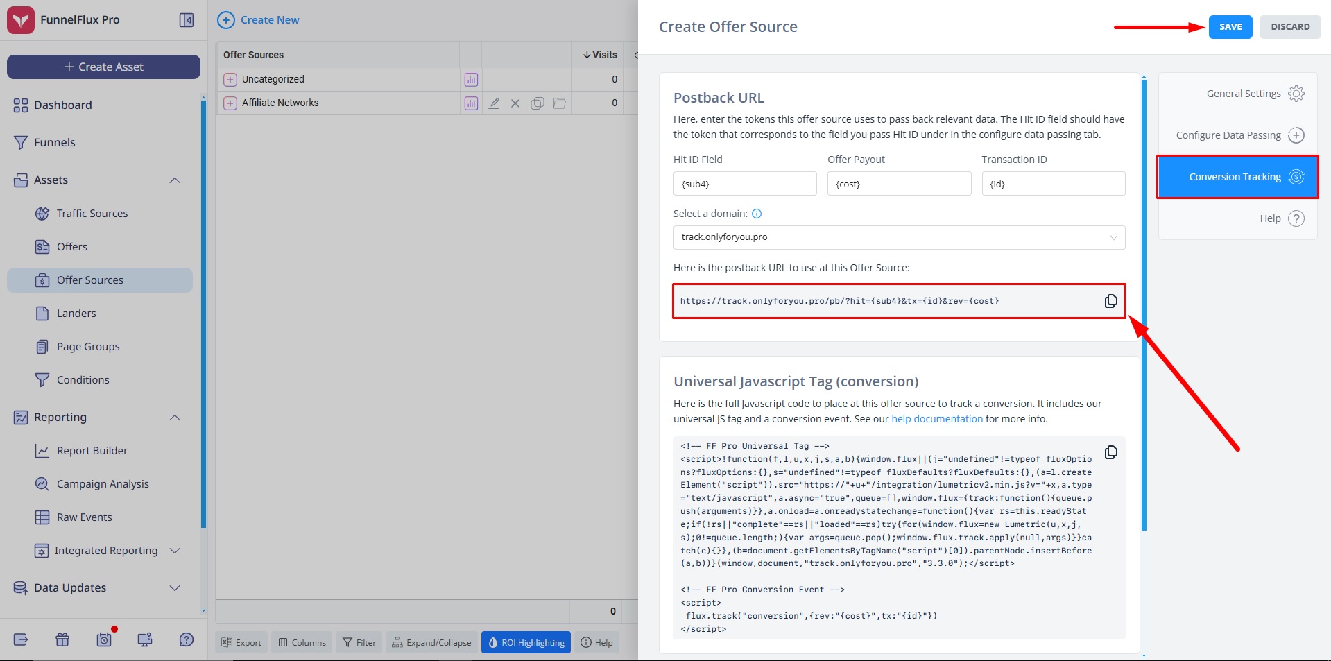 Where to find postback URL at Funnel Flux tracker