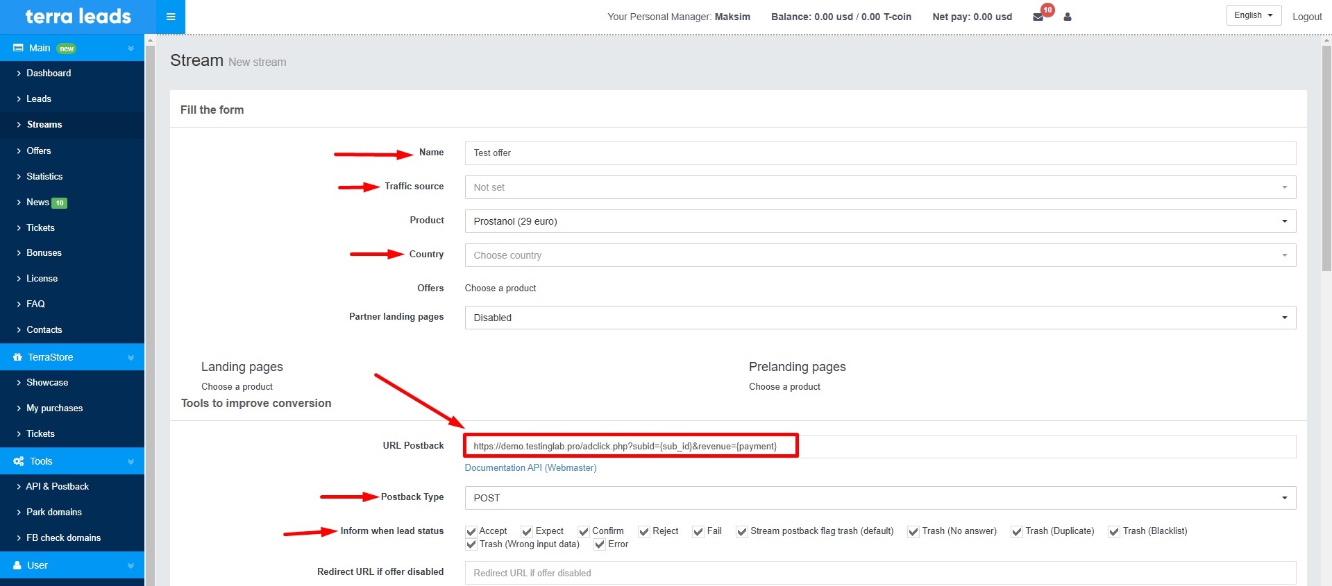 Where to find postback URL in CPA networks for CPV Lab tracking